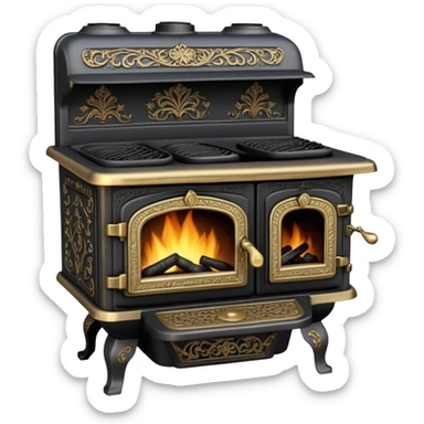 An antique cast iron coal stove from the 1900s with ornate details, small fire visible inside, black metal with brass accents sticker