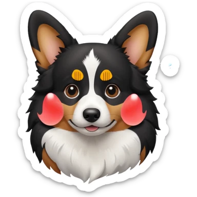 black tricolor corgi with no tail and a snowflake on it's nose sticker