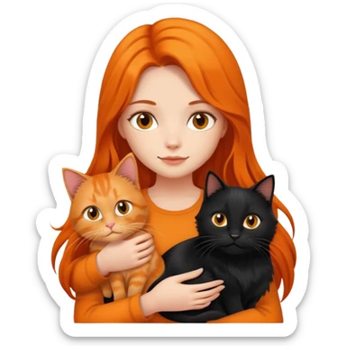 A long-haired girl holding a black cat and an orange long haired cat sticker