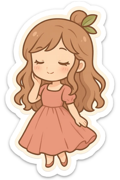 A cute and minimalist sticker of a girl with a pink dress, elegant and girly mood, color palette includes pink, beige, and green. sticker