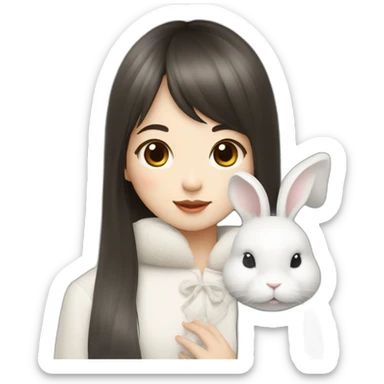 korean girl with long hair bangs holding white rabbit sticker