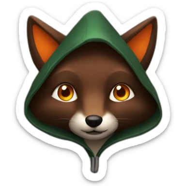a small dark brown fox with orange eyes with a dark green hood that smile sticker