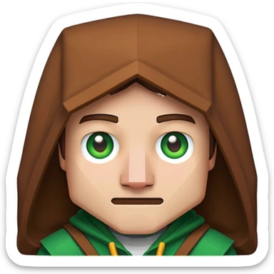 Pixel art 2D emoji of a Minecraft villager face, with brown hood, big nose, green eyes, and blocky edges in Minecraft style sticker