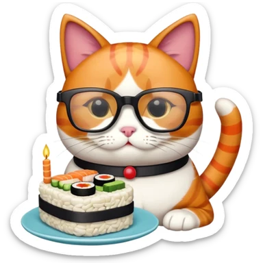 cat with cool square shaped glasses eating a birthday cake made out of sushi sticker