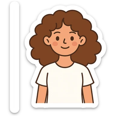 flat-toon style girl with curly chestnut hair wearing a white t-shirt, no background sticker