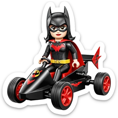Hot full size real size-appearance electric road racing sexy BatWoman’s feminine midnight-colored tight outfit sixty’s tv show Lego dark stealthy sporty safe plush petite off-road pursuit cruiser car rose gold accents (black hair,reclined and relaxed torso and shoulders seating position) go kart  sticker