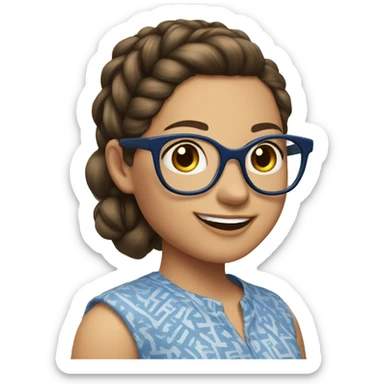 Girl with a short pony tail brown hair, large glasses, big smile, wearing a blue pattern blouse  sticker