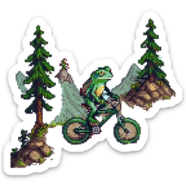 Add a helmet to the frog riding a full suspension mountain bike, keep the pixel art style, with no background. sticker