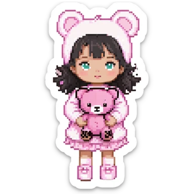 cute toddler girl with pastel pink clothes holding a pink teddy bear sticker
