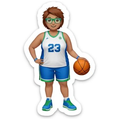 Full Body plus size white female basketball player with short medium brown hair with carmel highlights spikey hair wearing blue glasses 
 wide nose wearing blue green uniform  green sneakers smiling wearing silver hoop earrings sticker