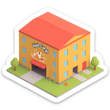 Add the Vixie Cargo company logo to the front of the parcel warehouse building emoji in the style of Microsoft 3D emojis, with no background. sticker