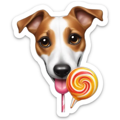 A jack russell licking a giant lolipop sticker