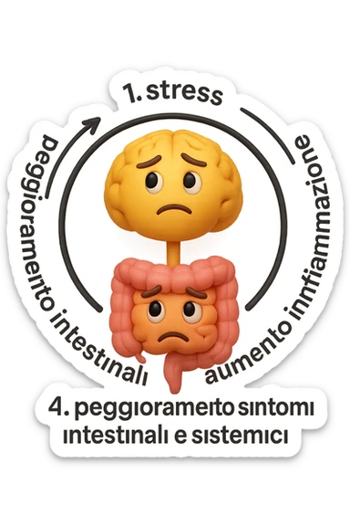 EMOJI STILE IPHONE 3D DI un cerchio con queste scritte che girano intorno in ordine per come li ho scritti "1. stress → 2. peggioramento intestinale → 3. aumento infiammazione → 4. peggioramento sintomi intestinali e sistemici." al centro del cerchio metti un cervello e intestino umani collegati verticalmente con espressione dubbiosa in volto, FALLO MOLTO REALISTICO IN 3D sticker