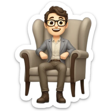 Joyful Celebrating victory Pale skinned Fit Man With dark brown hair in gray jacket, beige office shirt, Brown pants and vintage glasses sitting In a soft chair sticker