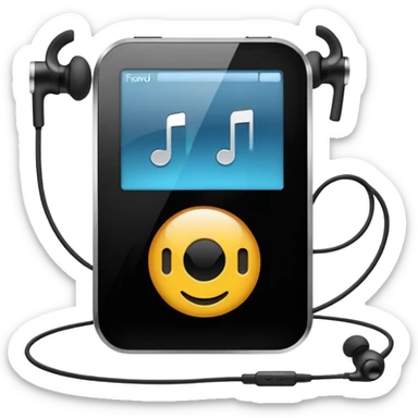 Futuristic iPod emoji with earphones, metallic black and white, smooth reflective surfaces, flat minimal vector design, clean UI style sticker