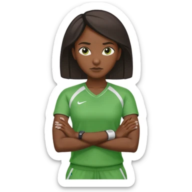 A calm black female coach with folded arms, analyzing the game with sharp focus, green clothes sticker