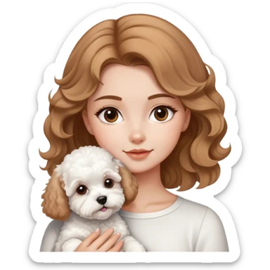 una chica con el cabello marrón claro ondulado y blanca con un perrito bichon maltes sticker