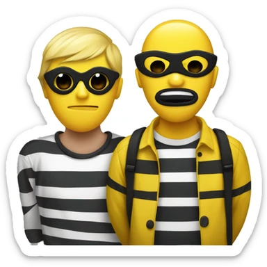 Yellow guy with a binne on and a black and white striped shirt and a blck mask sticker