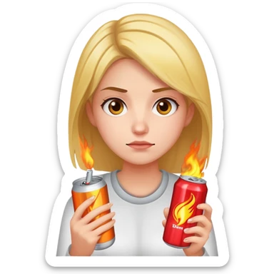 female student holding Burn energy drink can, tired face sticker