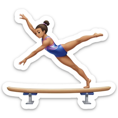 An acrobat performing a dynamic move on the balance beam, rings, or parallel bars, showcasing strength and precision. The acrobat is in mid-action, gracefully balanced, with a focused expression. The background features a professional gymnastics gym with bright lights and a cheering crowd sticker