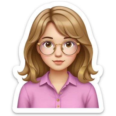 young adult woman with light skin, round face, prominent cheeks, medium plump body, long light brown hair with golden highlights, voluminous and wavy, long bangs over eyebrows, large octagonal glasses with thin golden or light pink frame, casual dark shirt sticker