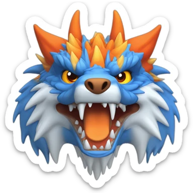 Un dragon mi loup de couleur rouge, bleu, blanc et orange moutardes, avec des corne orange moutard. Il qui crache du feux sticker