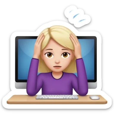 A girl is in front of a computer and is holding her head. sticker