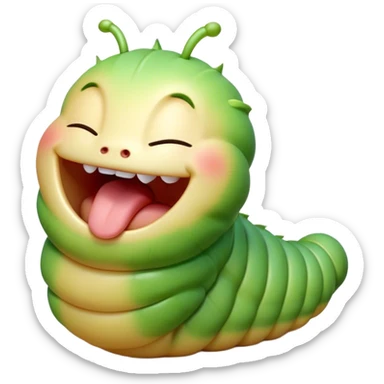 Cinematic Adorable Yawning Caterpillar Portrait Emoji, Head tilted slightly with a dramatic, wide-open yawn, showcasing a plump, segmented body with softly drooping edges and sleepy, half-closed eyes, Simplified yet irresistibly cute features, highly detailed, glowing with a soft, cozy natural glow, high shine, relaxed yet expressive, stylized with a dash of whimsical transformation charm, soft glowing outline, capturing the essence of a drowsy caterpillar that appears ready to stretch and yawn its way out of the screen! sticker