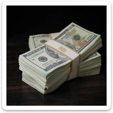 two bundles of money, realistic style, green bills with paper bands, stacked together sticker