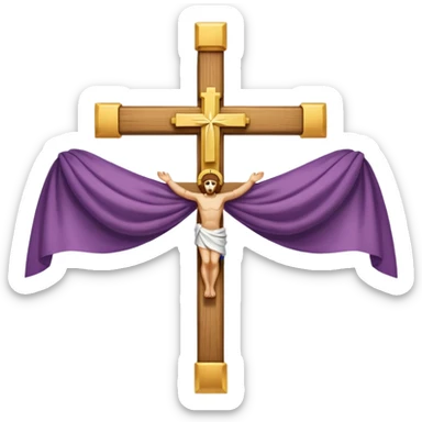 Cross made of wood, the top of the tip of the cross, a golden cross, and a white cloth hanging over the two arms of the cross sticker