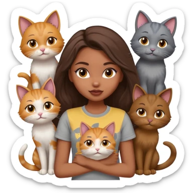 a pretty bratz dusky girl with long brown hair with six cats nd wearing a grey tshirt sticker
