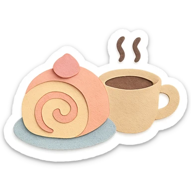 small hand-drawn roll cake with coffee cup beside, soft pastel kawaii style sticker