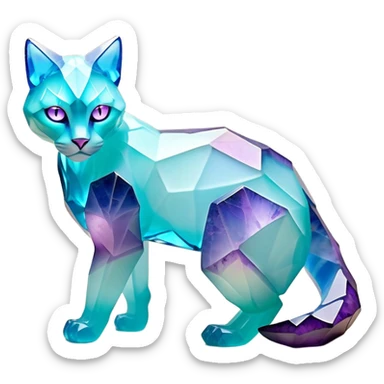 This fascinating hybrid creature combines the rocky ferocity of Boulderbite with the mystical elegance of Etherfeline. The result is a creature with a core body composed of angular, faceted stones in varying shades of turquoise, pink and gray. From the cracks between these stones emanates a soft blue ethereal glow. It has the general shape of a feline, but with crystalline rock formations creating its limbs and body. Its large, expressive eyes feature purple irises with amber outer rings, giving it a hypnotic gaze. The creature sports pointed ears lined with purple crystal formations, and a tuft of blue flame-like energy flows from its head and along its spine. Its tail is a flexible chain of smaller rocks wrapped in the same ethereal blue energy. When it opens its mouth, sharp crystalline teeth are revealed, though its expression is more mysterious than threatening. Small whisker-like energy tendrils extend from its muzzle, occasionally emitting tiny ice crystals. full body sticker
