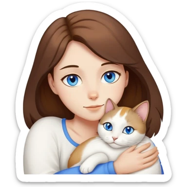 Mid cut brown hair snuggling white cat with blue and yellow eyes  sticker