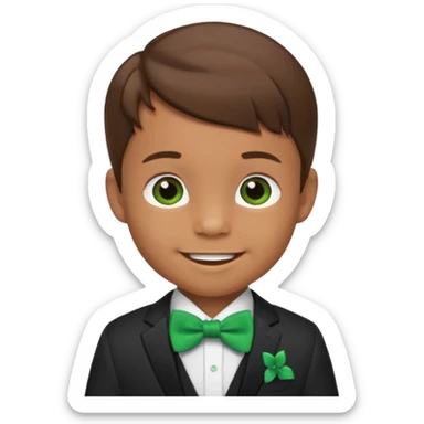 baby boy brown hair in suit, with green bow, smile sticker