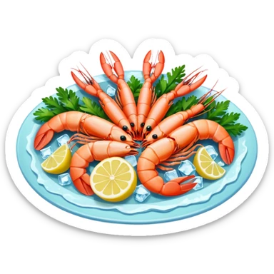Create a realistic seafood platter with cooked prawns, ice, & garnish. sticker