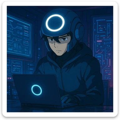 ghibli style futuristic tech boy with robot helmet, glowing white circle, high-tech laptop, neon cyberpunk room, holographic displays, focused, mysterious sticker