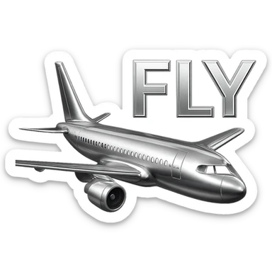 airplane at high altitude with FLY text in chrome letters, chrome style sticker