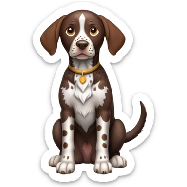 cinematic-[german pointer]-realistic-full-body-sitting-emoji,-tail-resting-loosely-beside-its-paws,-head-tilted-dramatically,-sleek-[brown and white spotten]-fur,-simplified-yet-realistic-focused-features,-highly-detailed,-glowing-with-an-almost-sarcastic-glow sticker