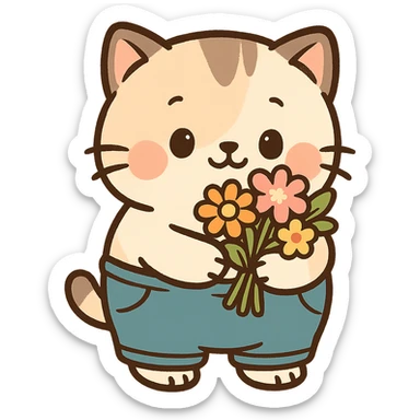 a chubby kitten wearing tiny pants and holding a bouquet of flowers, in a cute cartoon style sticker