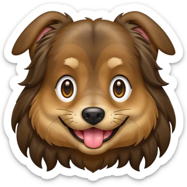 dog face with a long-haired brown and black brindle coat and light brownish gold eyes smiling with tongue hanging slightly out. sticker