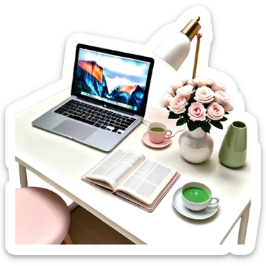 seeing a working from home desk from above with a macbook computer, fashion/interior magazines, flowers in a little vase, louis poulsen portable lamp with a dimmed cozy light and a iced matcha. very girly aesthetic sticker