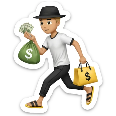 Make a man wear a black pant and he shirt is balck line and white line and wear a black hat and he holding a money bag and he running he wear a black eye thing no money in the Left hand and he yellow and the money bag in the right he wear a flip flop like this is Money bag 💰 NO MONEY sticker