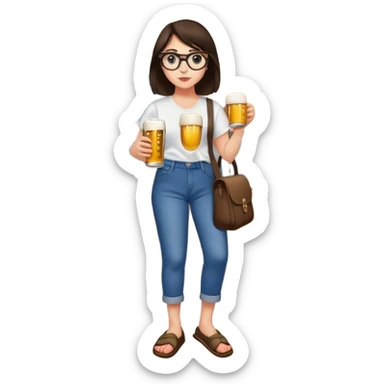 A pretty brunette in slippers, glasses, murals on her arms, a baggy school bag, drinking a beer sticker