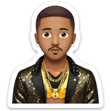 Marques Houston with dark brown hair, black sequin jacket, shirtless with necklace sticker