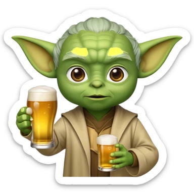 3D emoji-style Yoda head holding a beer glass in one hand. Smooth rounded shapes, soft gradients, friendly expression. Golden beer with foam in transparent glass. Close-up, centered. PNG, transparent background. sticker