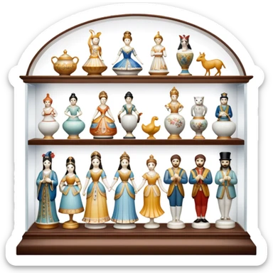 Icon for Porcelain Figurine Collecting: a collection of delicate porcelain figurines, such as animals, dancers, and historical characters, displayed on a shelf or in a display case. The icon should convey the elegance and artistry of collecting porcelain statues. Transparent background. sticker