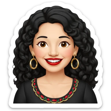 60 yr old Mexican woman, slightly chubby, wavy/curly long black hair, red lipstick, big smile, white teeth, brown eyes, hoop earings, side part to hair, round face, pretty white dress, hair side swept, big hoop earing sticker