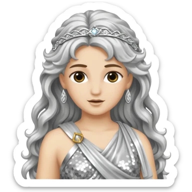 Diana from Roman Deities with long silver wavy hair, silver sequin toga sticker