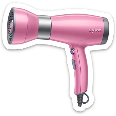 A pink Dyson Supersonic hair dryer, slight angle, realistic style, Features the distinctive hollow circular head with the barrel running through the center, sleek modern design, glossy pink finish with metallic silver accents on the nozzle ring. Compact proportions , clean lines, slight shading  sticker